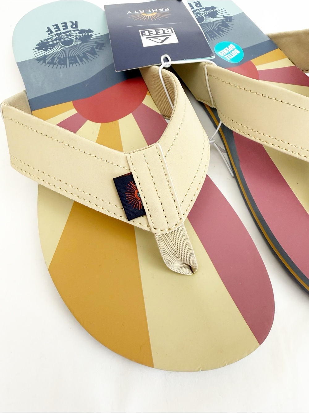 Faherty X Reef Sun And Waves Eva Unisex Flip Flops Bottle Opener Tan Newport - Picture 2 of 13